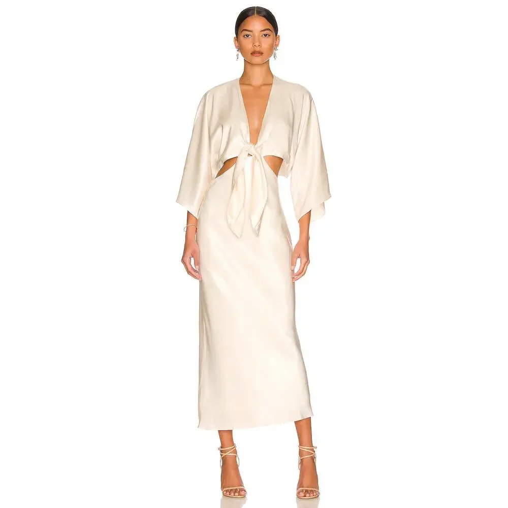 Shona Joy La Lune Tie Front Bias Midi Dress Cream - Picture 5 of 14